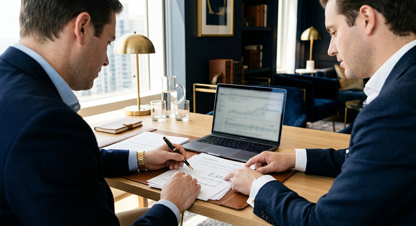 Advisors and a client reviewing documents together at a conference table