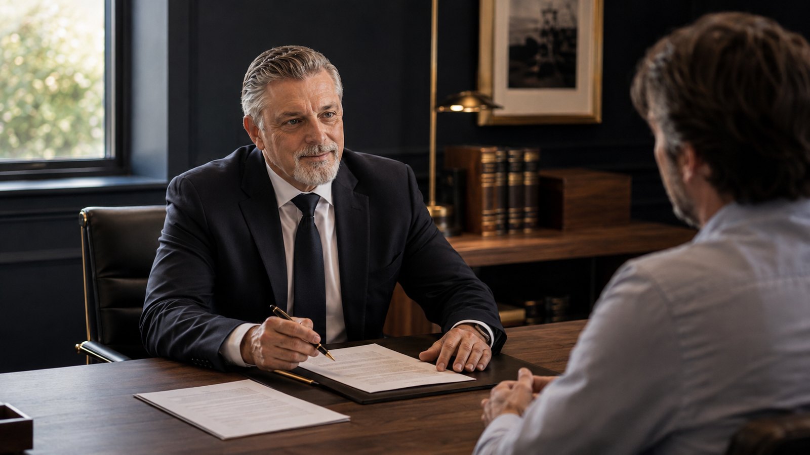An attorney and client discussing an estate plan across a desk